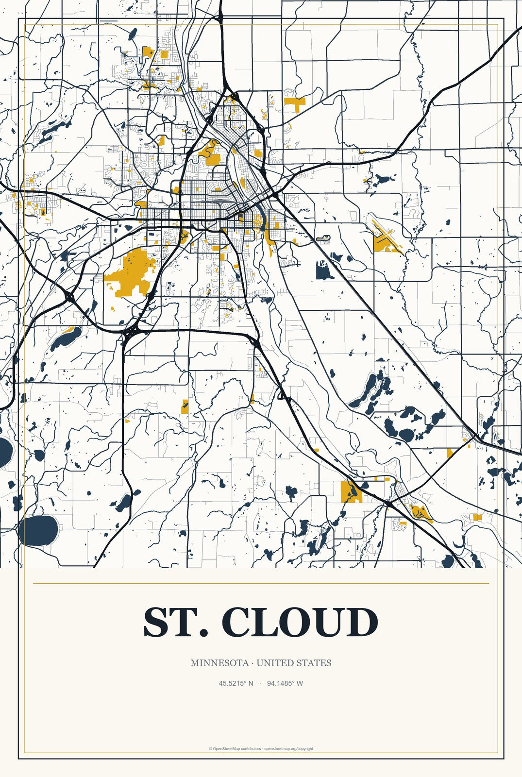 St. Cloud, Minnesota City Map Aluminum Sign in Citrine Modern style
