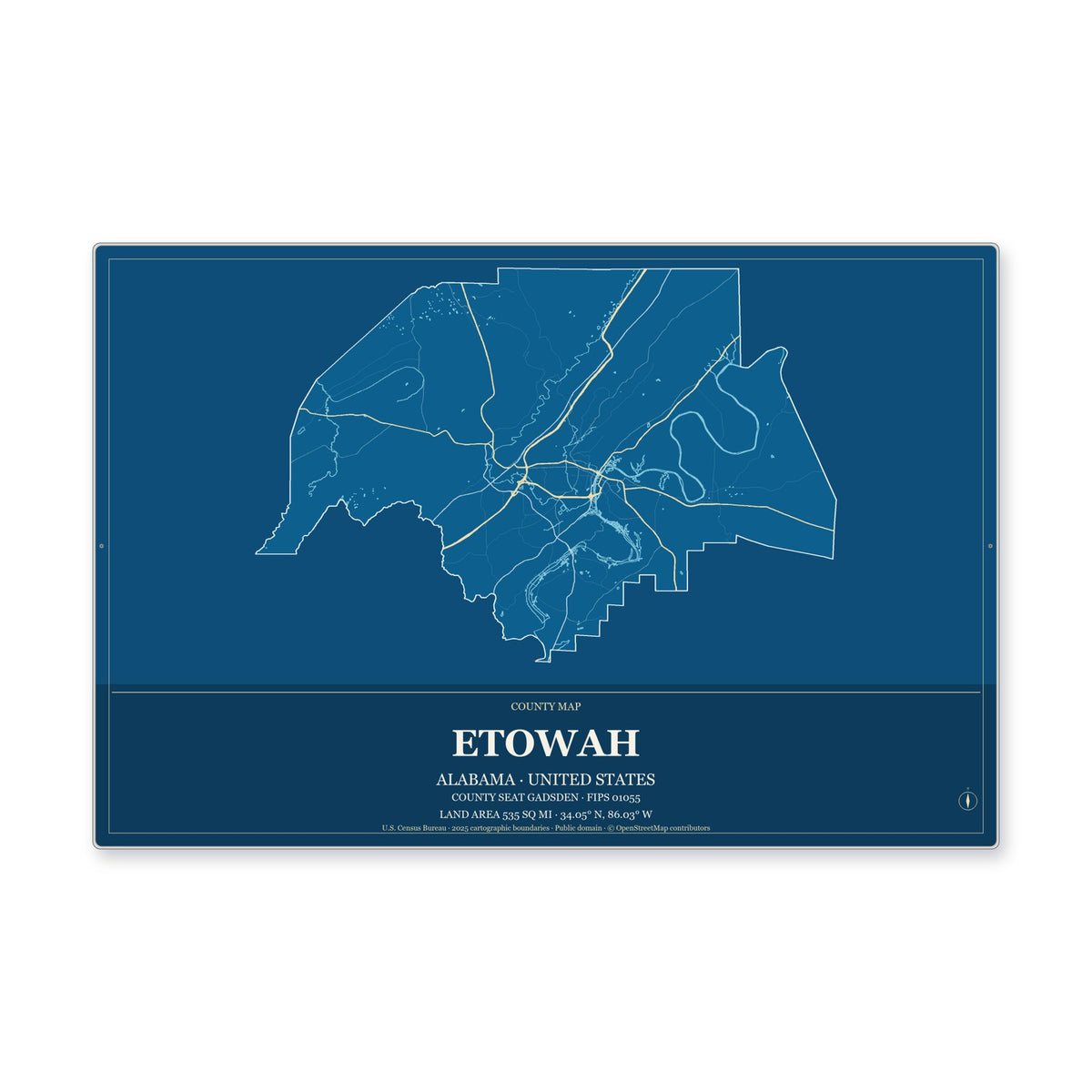 Etowah County, Alabama Map Aluminum Sign in Harbor Cobalt style