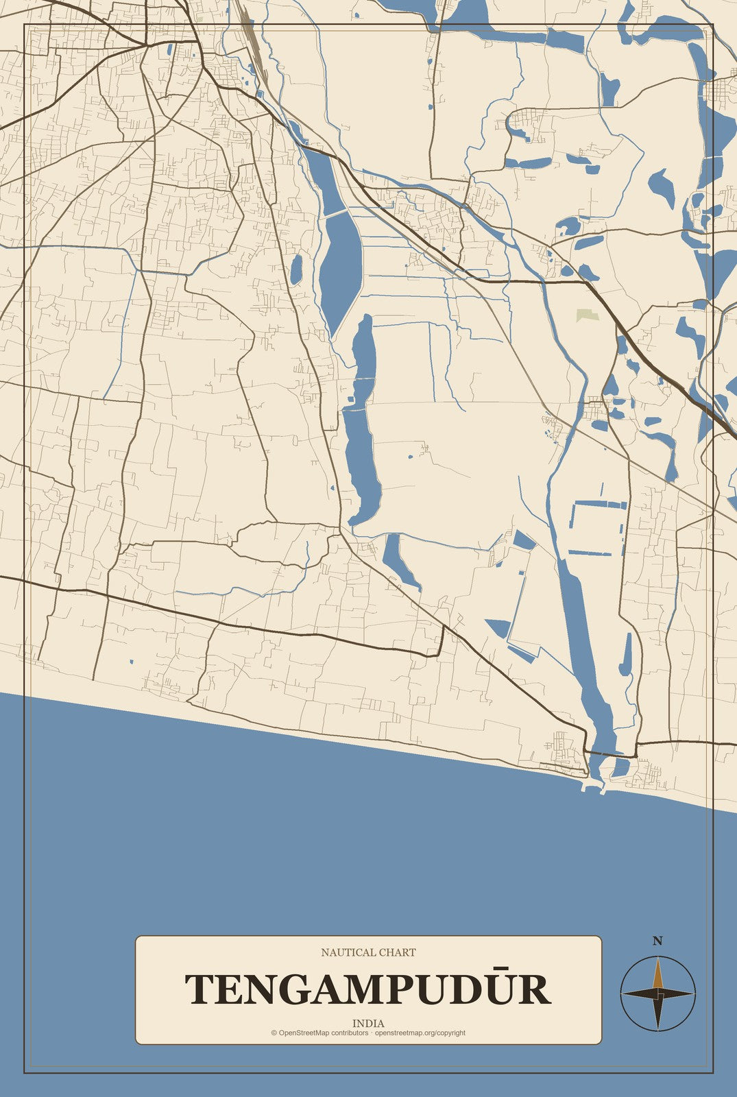 Tengampudūr, India City Map Aluminum Sign in Heritage Nautical style