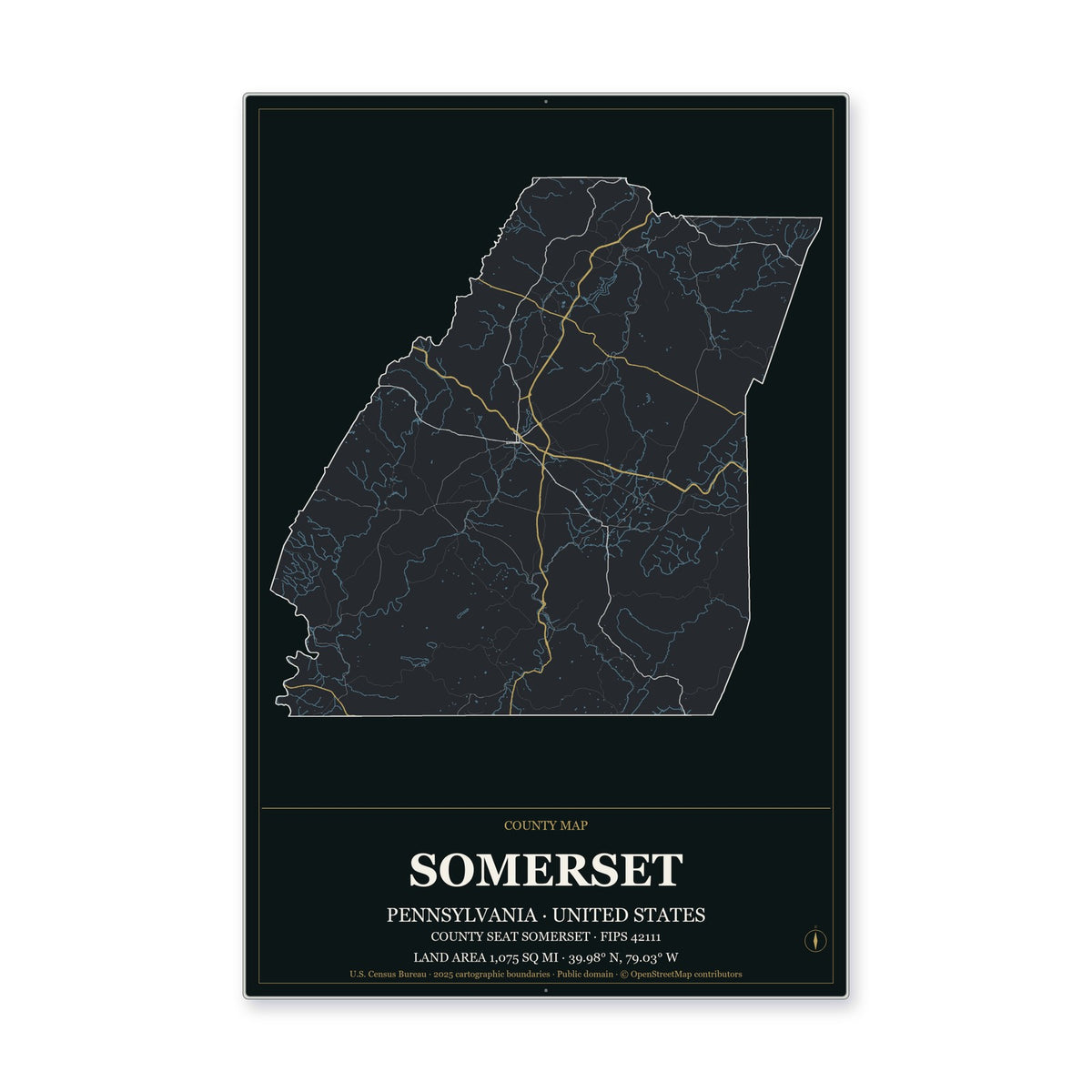 Somerset County, Pennsylvania Map Aluminum Sign in Metropolitan Noir style