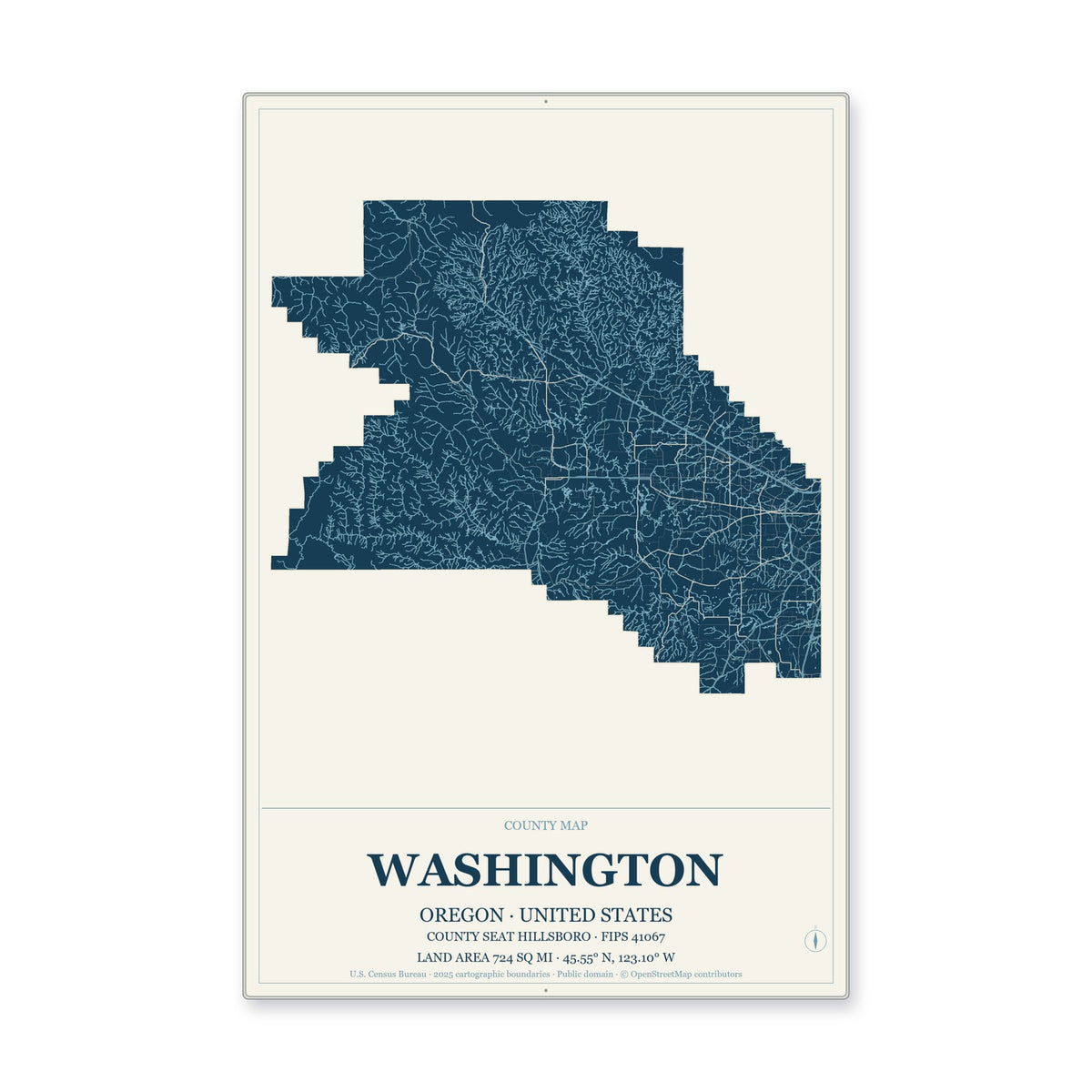 Washington County, Oregon Map Aluminum Sign in Coastal Cutout style