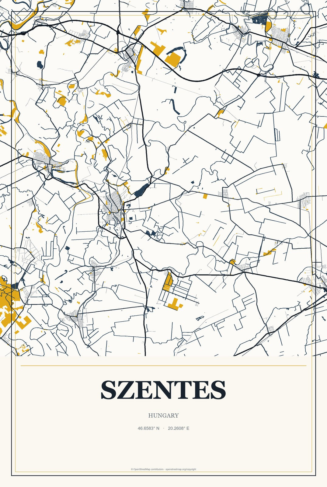 Szentes, Hungary City Map Aluminum Sign in Citrine Modern style