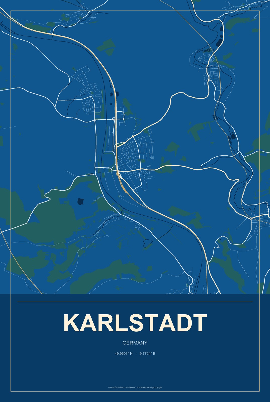 Karlstadt, Germany City Map Aluminum Sign in Harbor Cobalt style