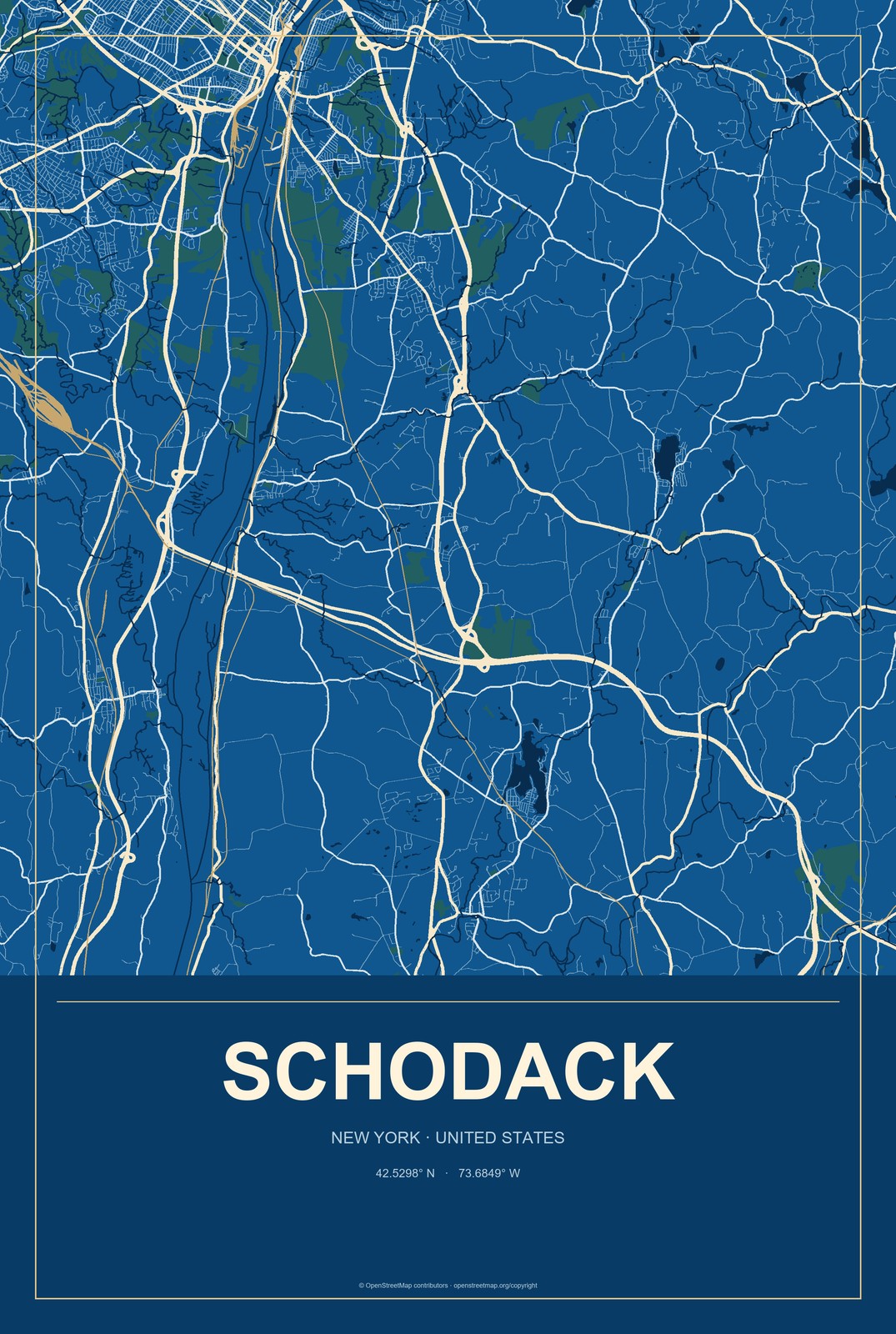 Schodack, New York City Map Aluminum Sign in Harbor Cobalt style