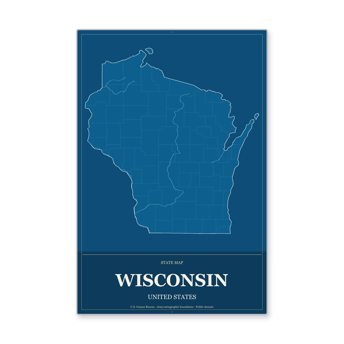Wisconsin state map aluminum sign in Harbor Cobalt style