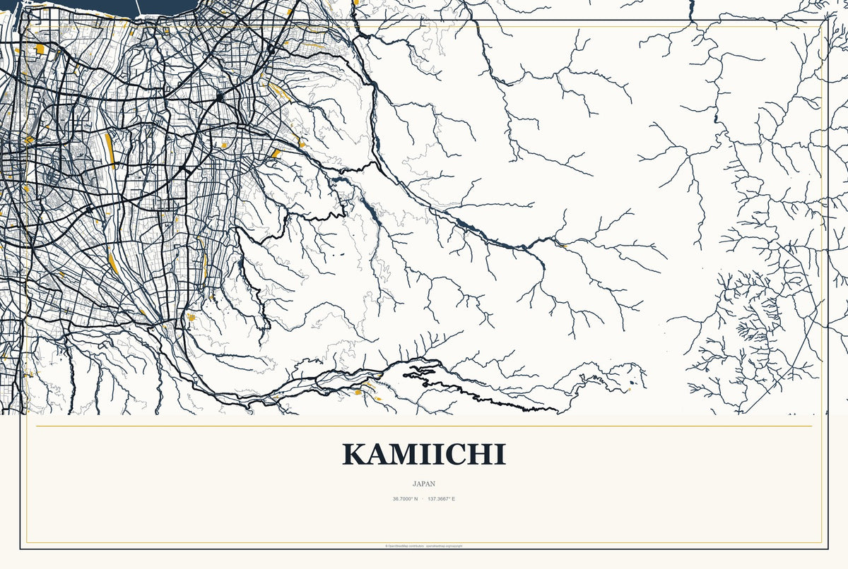 Kamiichi, Japan City Map Aluminum Sign in Citrine Modern style