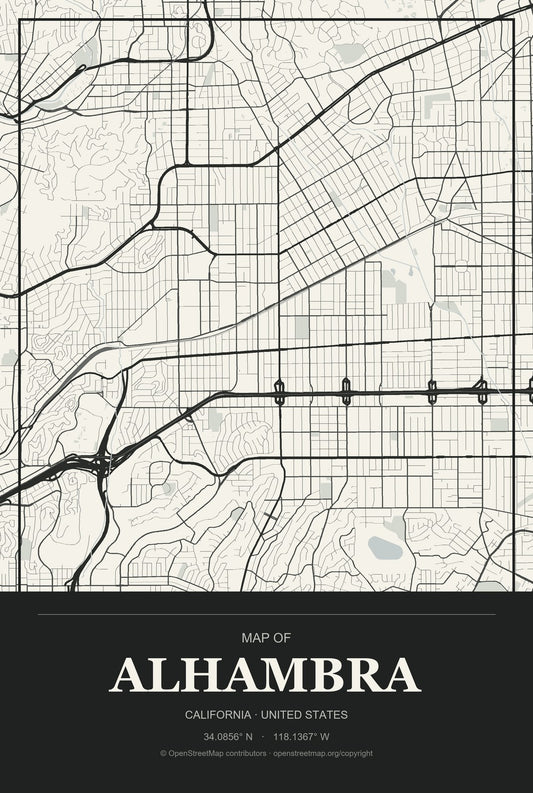 Alhambra, California City Map Aluminum Sign in Museum Plaque style