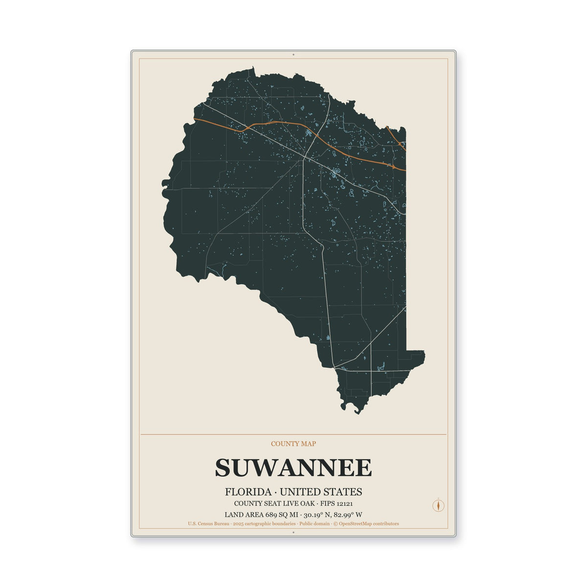 Suwannee County, Florida Map Aluminum Sign in Headline Atlas style