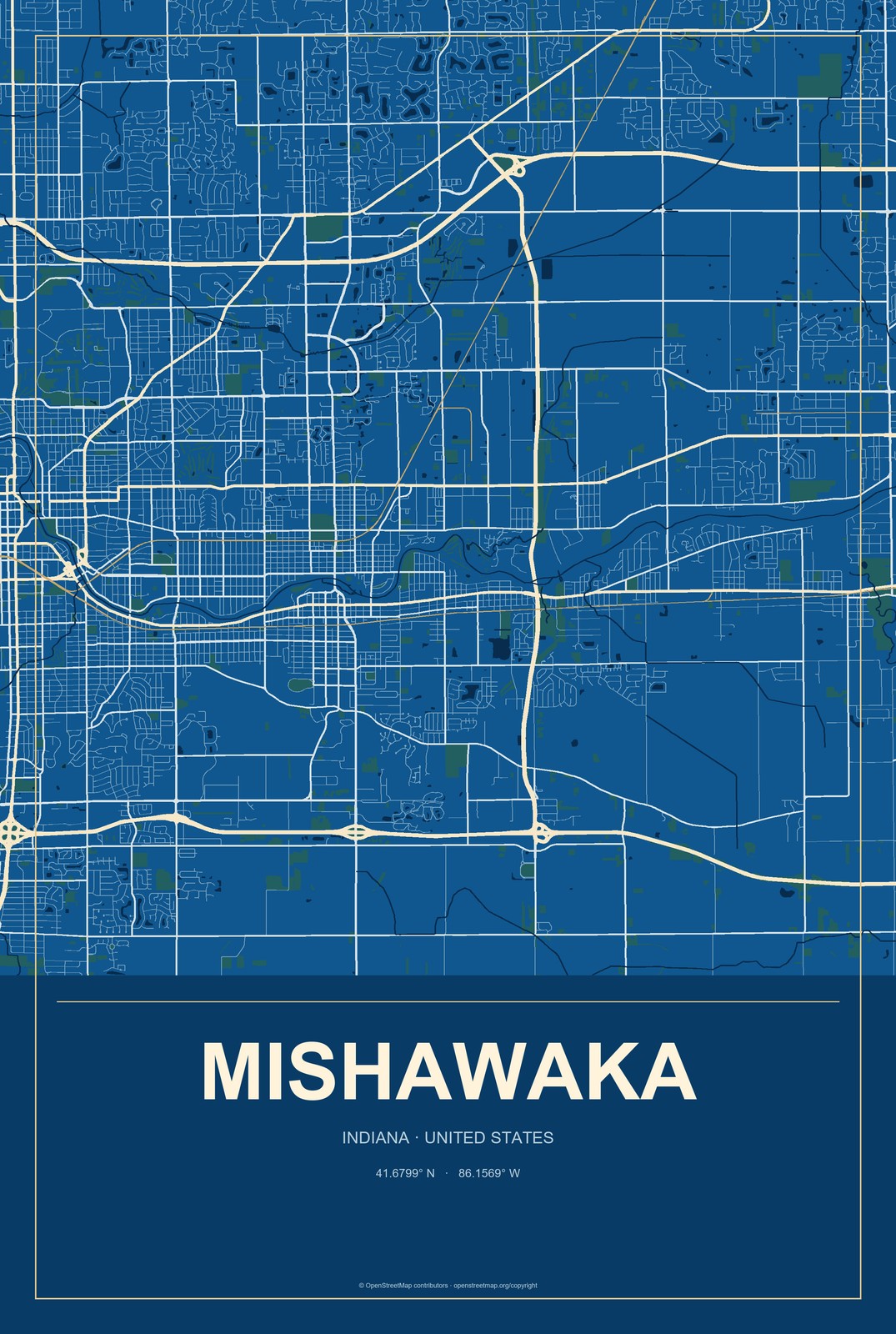 Mishawaka, Indiana City Map Aluminum Sign in Harbor Cobalt style
