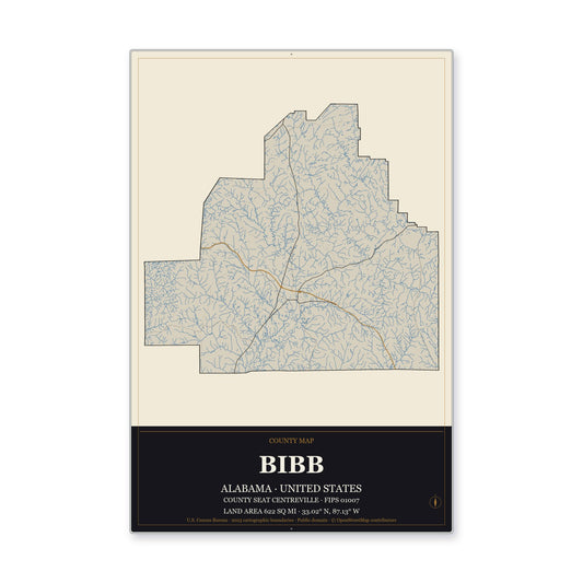 Bibb County, Alabama Map Aluminum Sign in Museum Plaque style