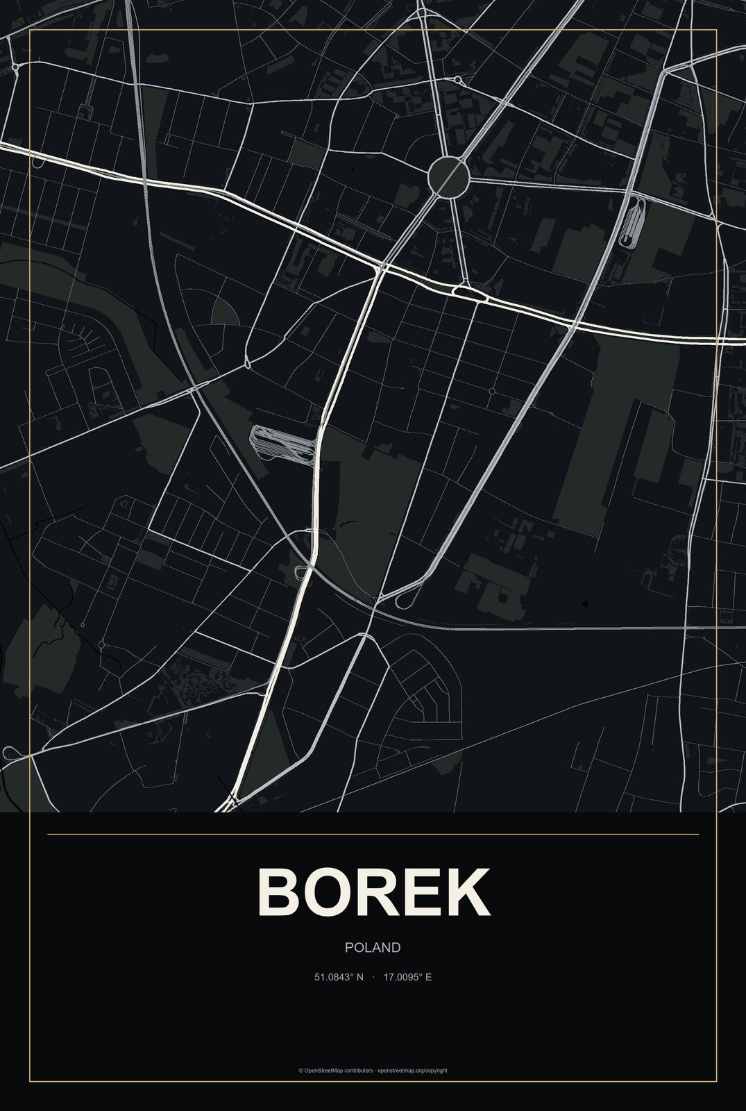 Borek, Poland City Map Aluminum Sign in Metropolitan Noir style