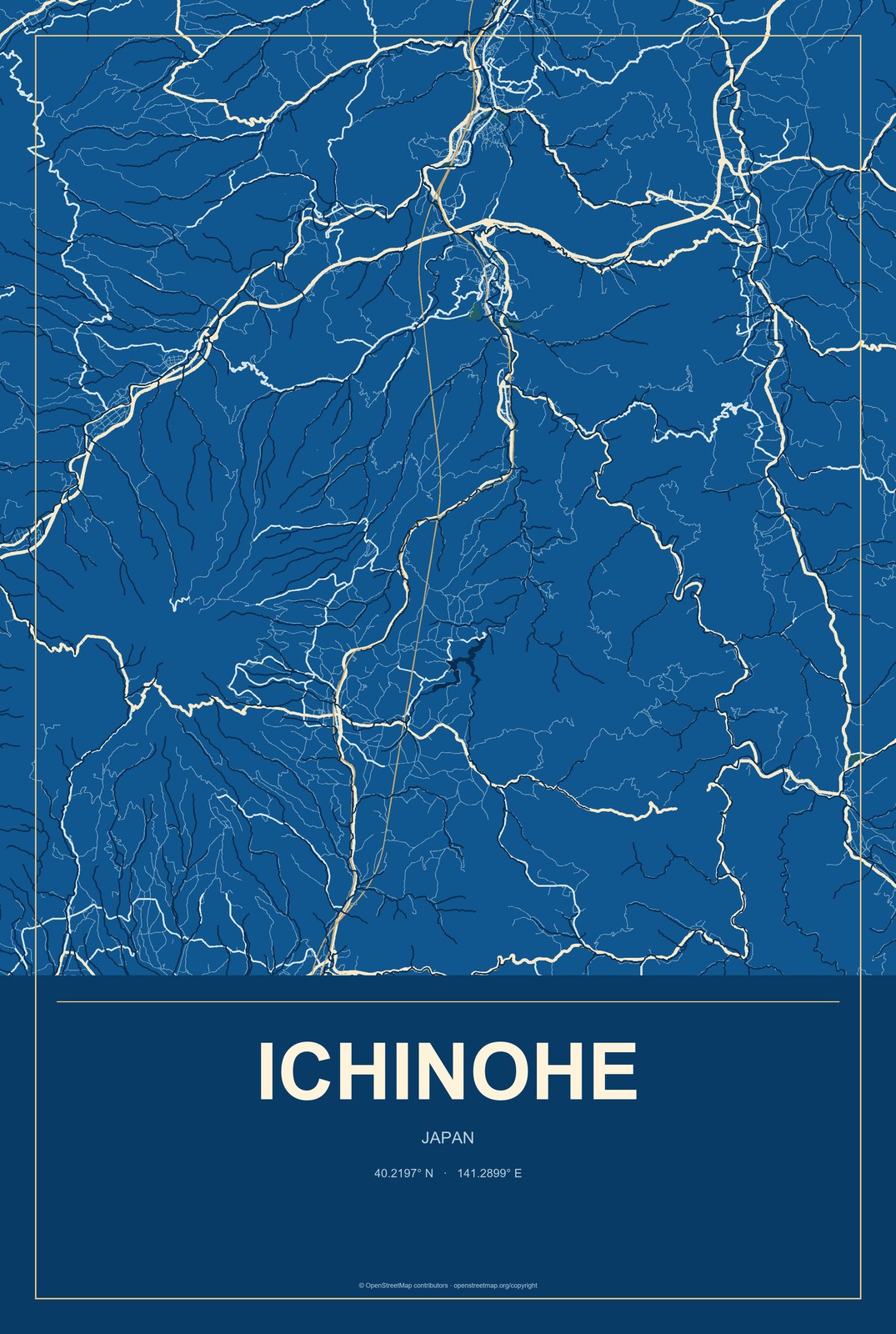 Ichinohe, Japan City Map Aluminum Sign in Harbor Cobalt style