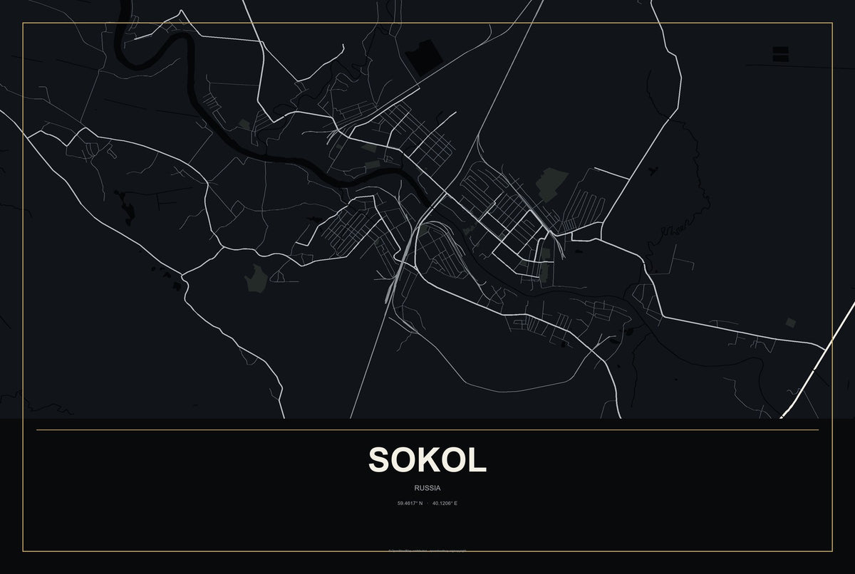 Sokol, Russia City Map Aluminum Sign in Metropolitan Noir style