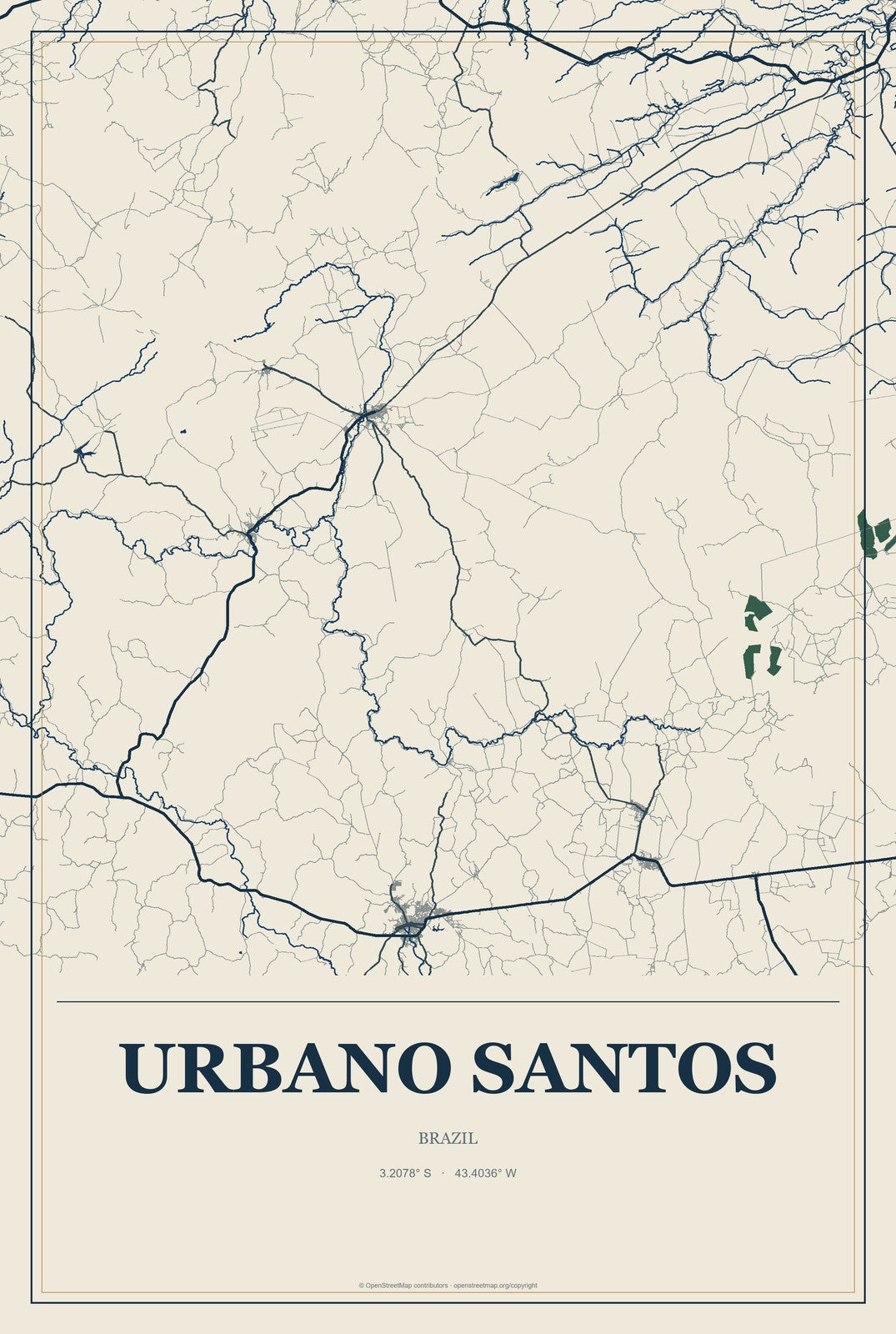 Urbano Santos, Brazil City Map Aluminum Sign in Coastal Cutout style