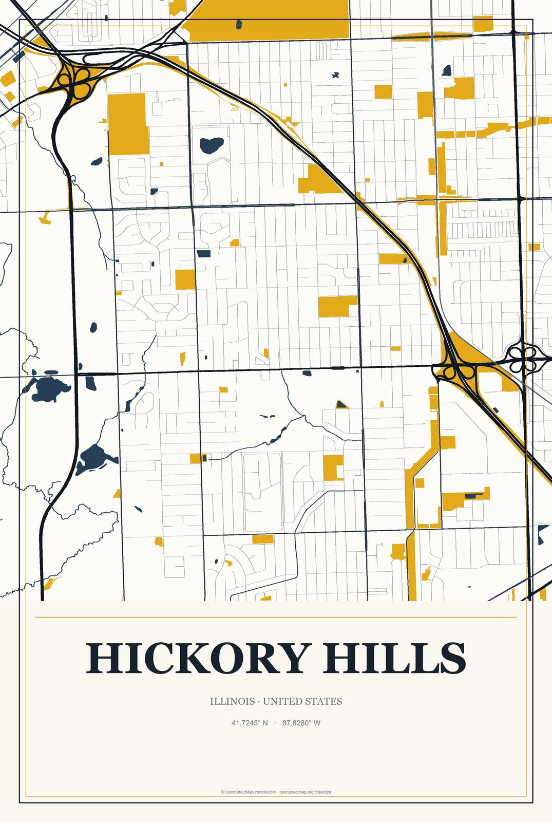 Hickory Hills, Illinois City Map Aluminum Sign in Citrine Modern style