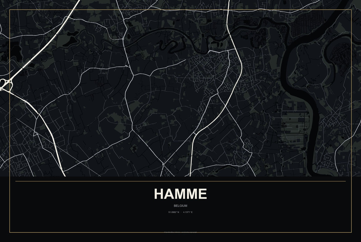 Hamme, Belgium City Map Aluminum Sign in Metropolitan Noir style