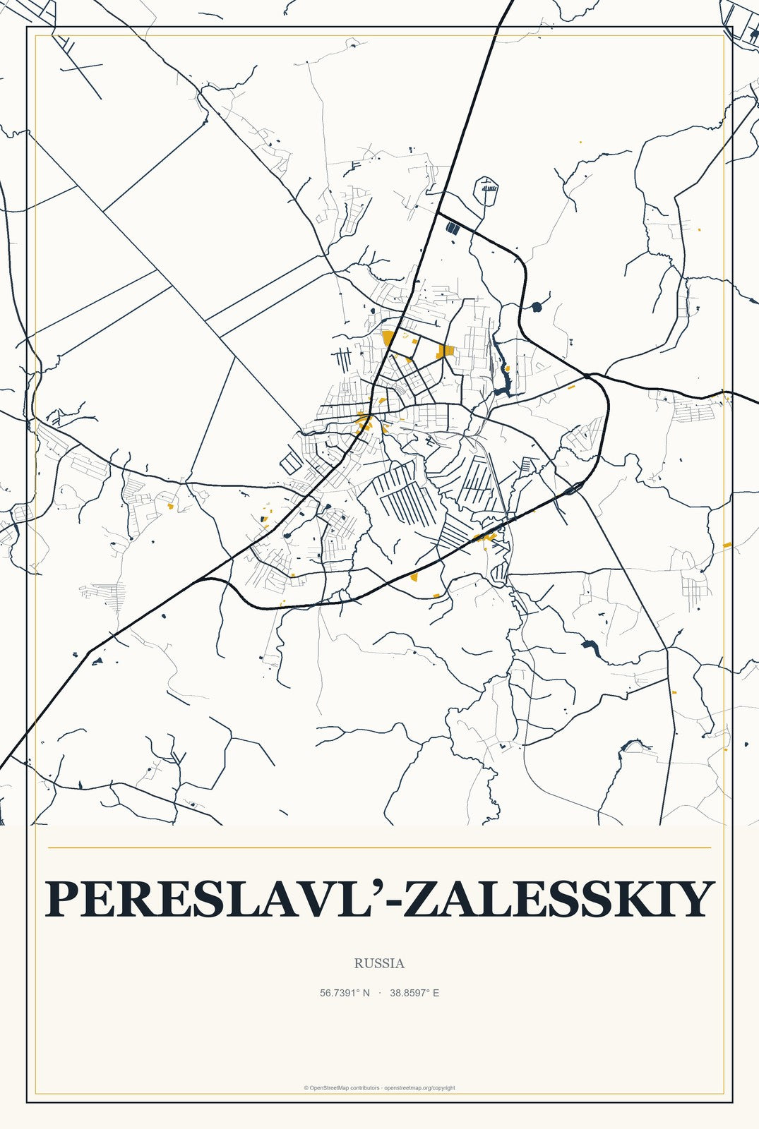 Pereslavl’-Zalesskiy, Russia City Map Aluminum Sign in Citrine Modern style