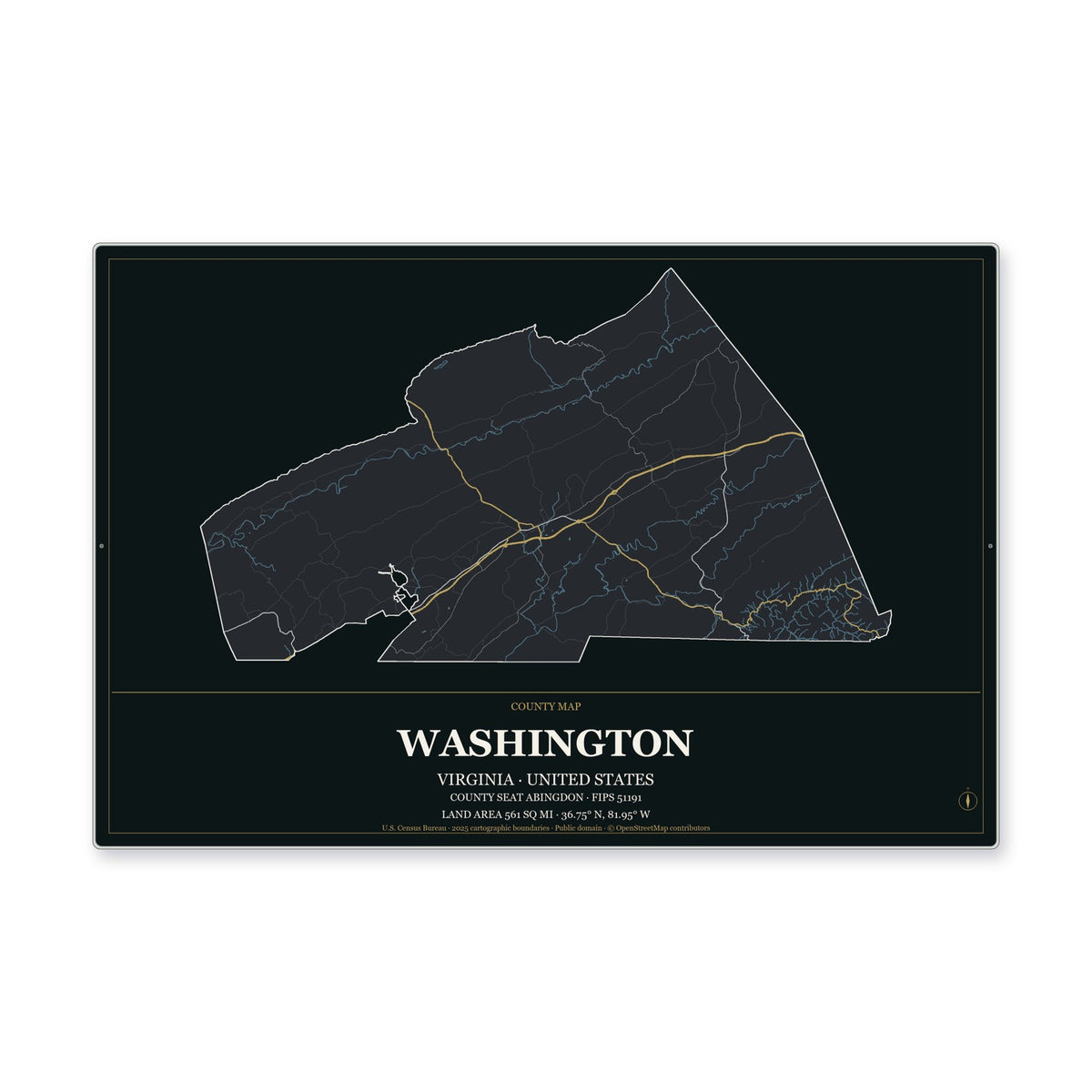 Washington County, Virginia Map Aluminum Sign in Metropolitan Noir style