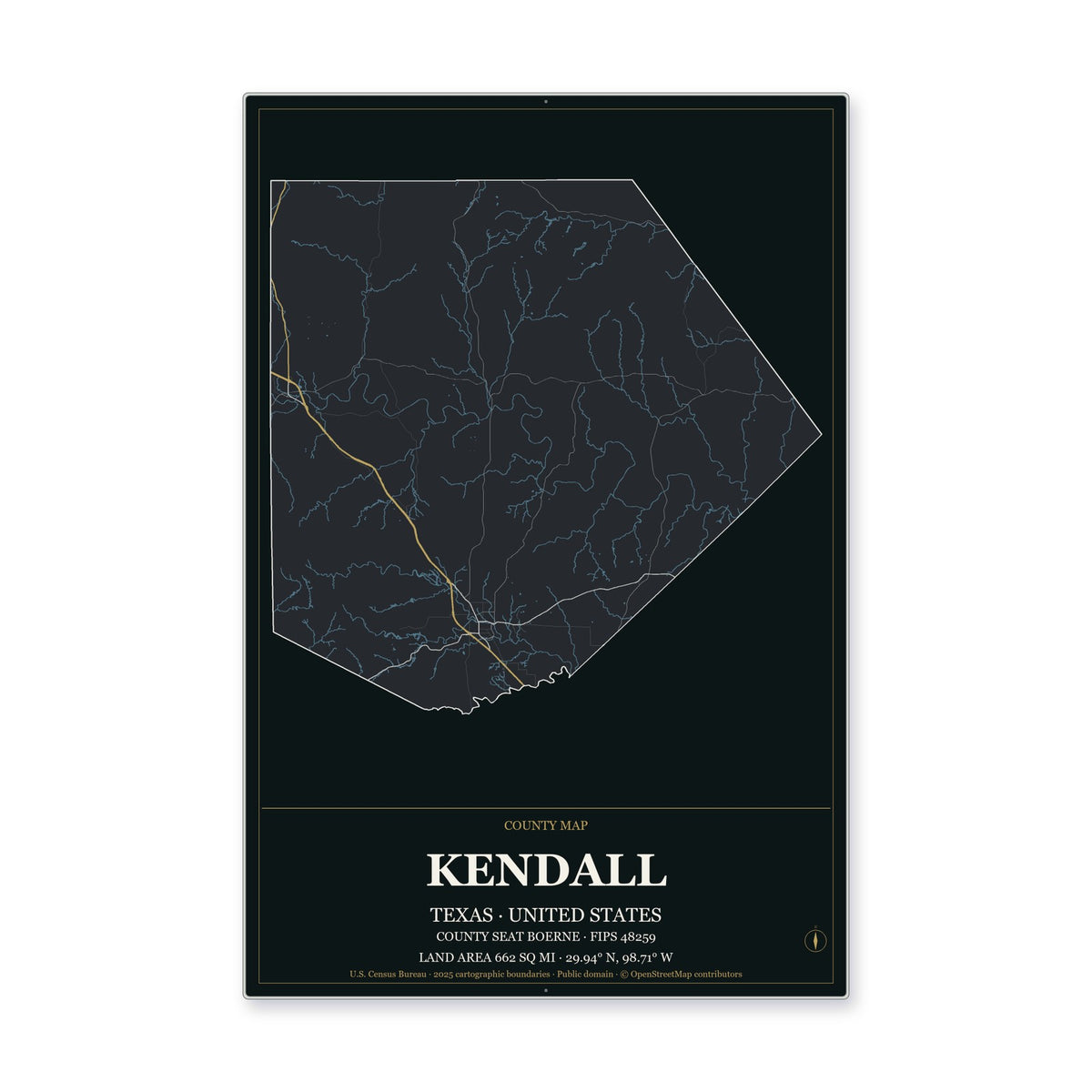 Kendall County, Texas Map Aluminum Sign in Metropolitan Noir style