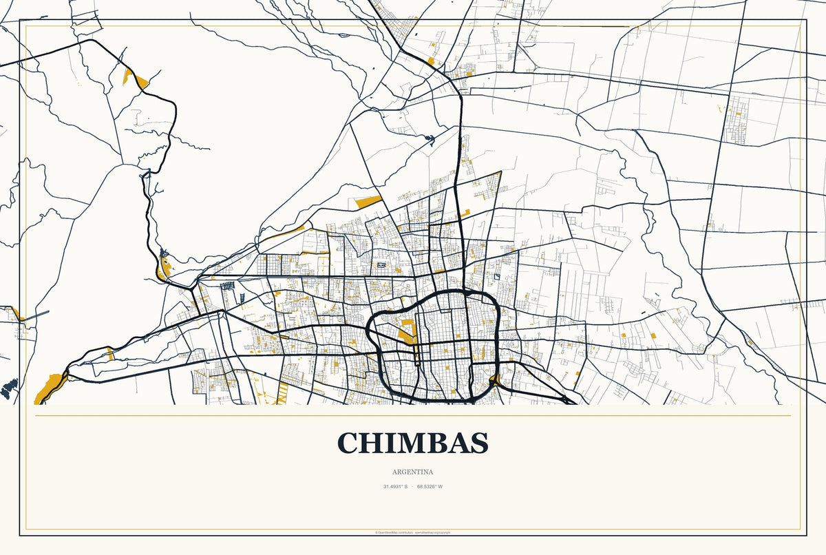 Chimbas, Argentina City Map Aluminum Sign in Citrine Modern style