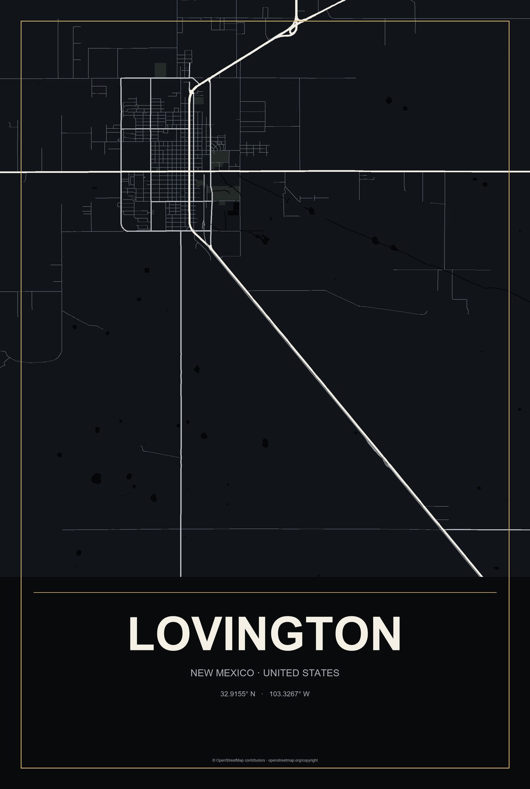 Lovington, New Mexico City Map Aluminum Sign in Metropolitan Noir style