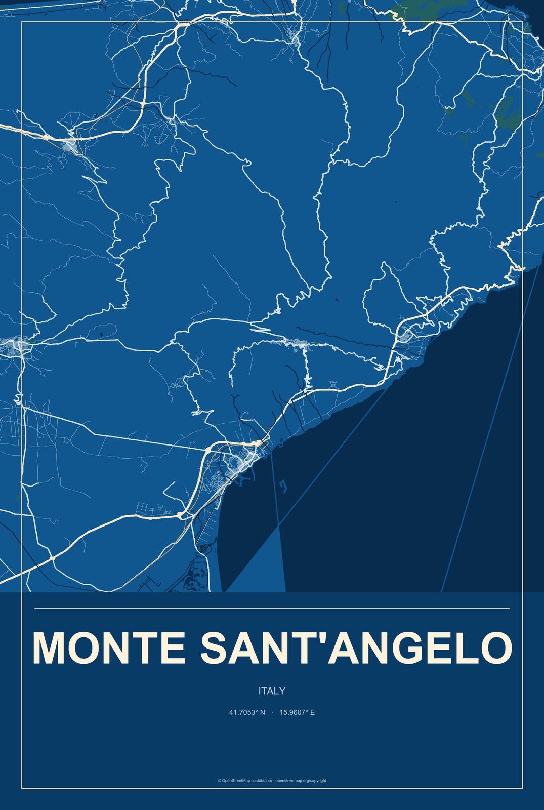 Monte Sant'Angelo, Italy City Map Aluminum Sign in Harbor Cobalt style