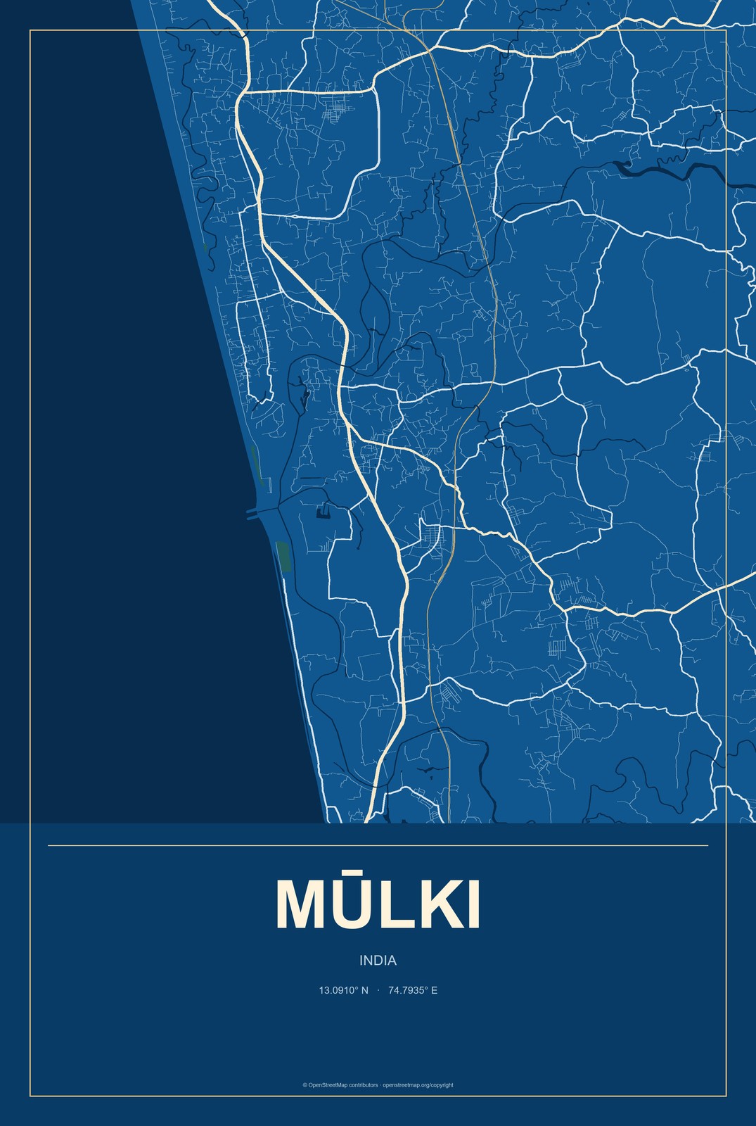 Mūlki, India City Map Aluminum Sign in Harbor Cobalt style