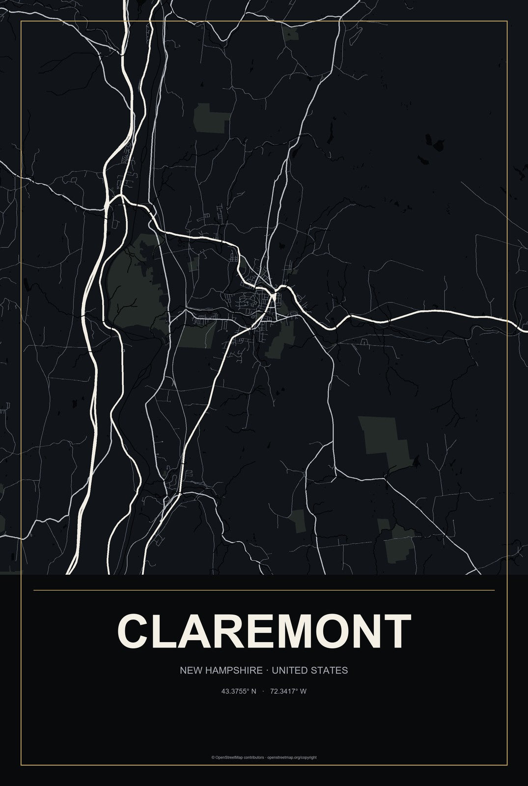 Claremont, New Hampshire City Map Aluminum Sign in Metropolitan Noir style