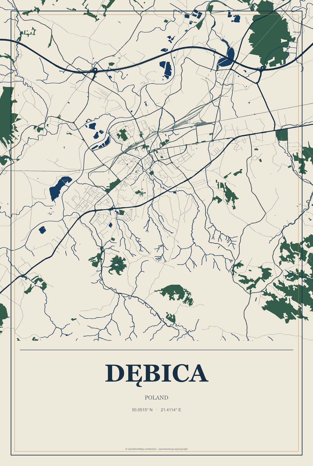 Dębica, Poland City Map Aluminum Sign in Coastal Cutout style