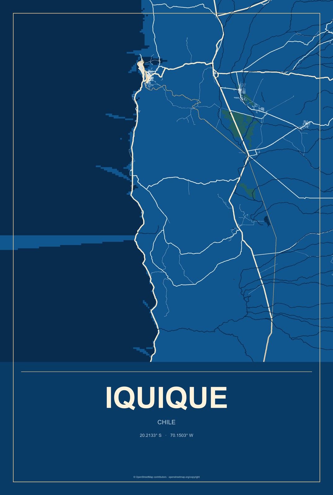 Iquique, Chile City Map Aluminum Sign in Harbor Cobalt style