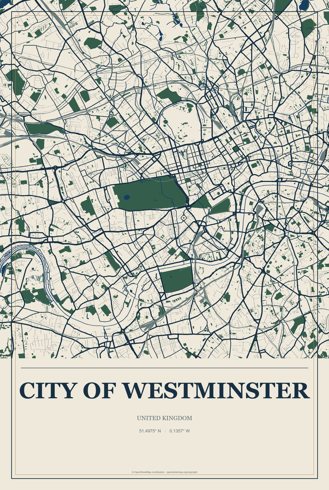 City of Westminster, United Kingdom City Map Aluminum Sign in Coastal Cutout style