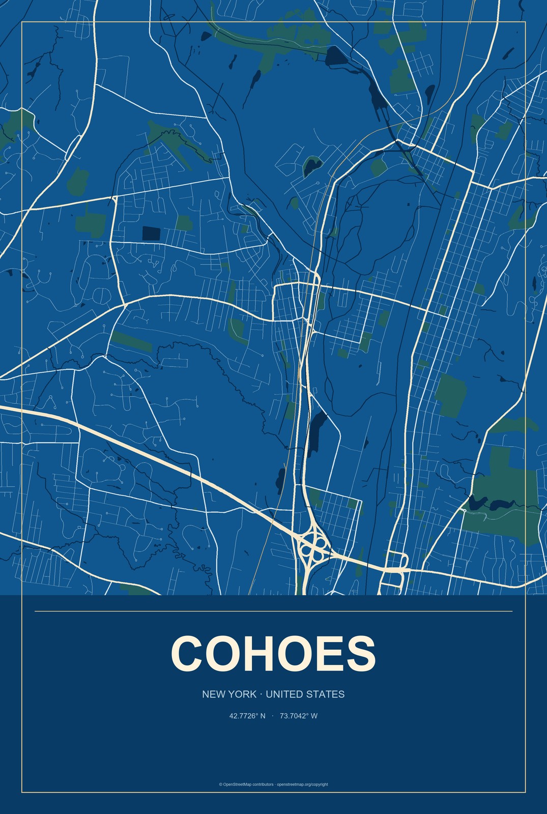 Cohoes, New York City Map Aluminum Sign in Harbor Cobalt style