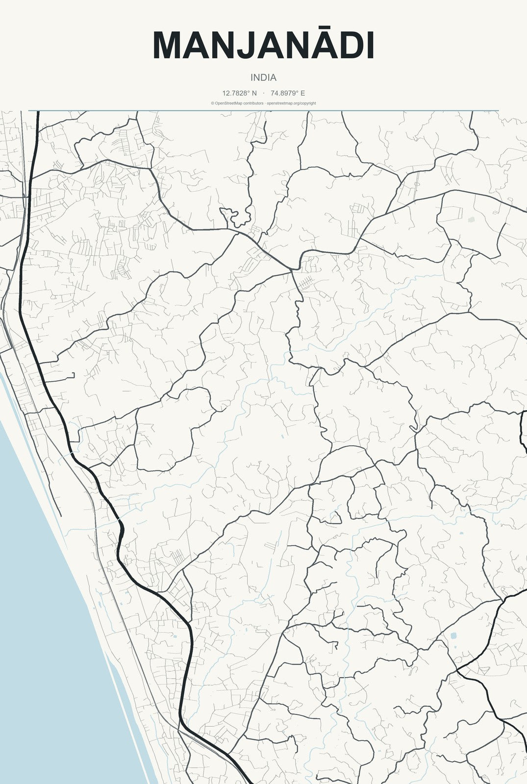 Manjanādi, India City Map Aluminum Sign in Headline Atlas style