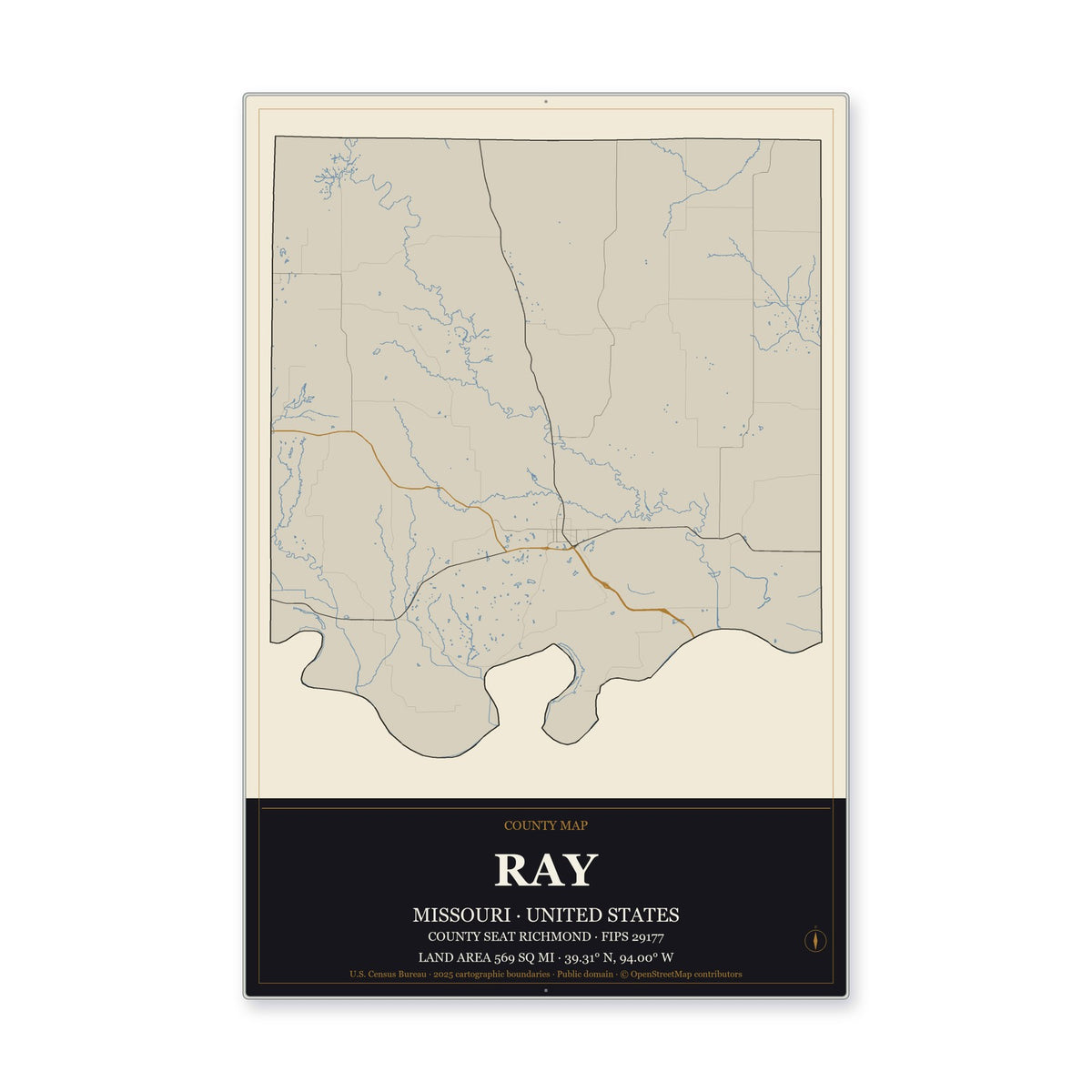 Ray County, Missouri Map Aluminum Sign in Museum Plaque style