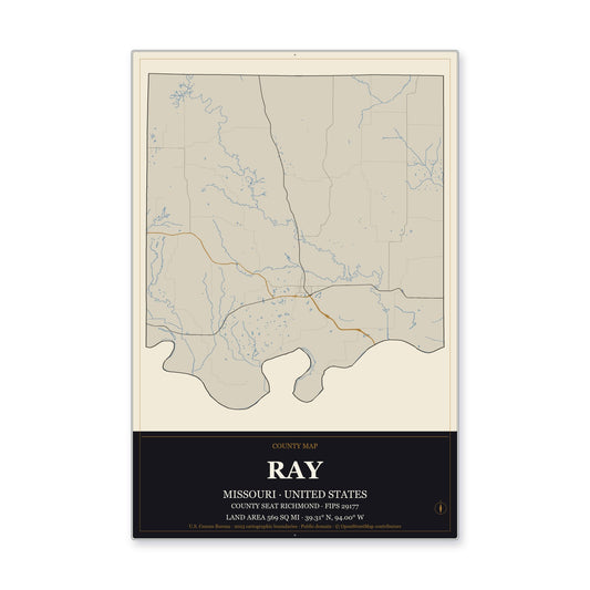 Ray County, Missouri Map Aluminum Sign in Museum Plaque style