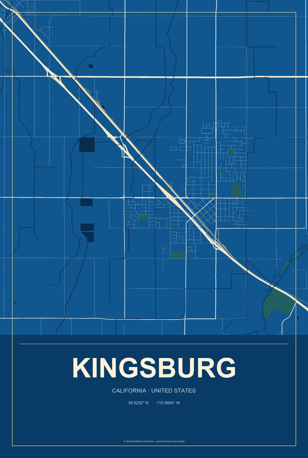 Kingsburg, California City Map Aluminum Sign in Harbor Cobalt style