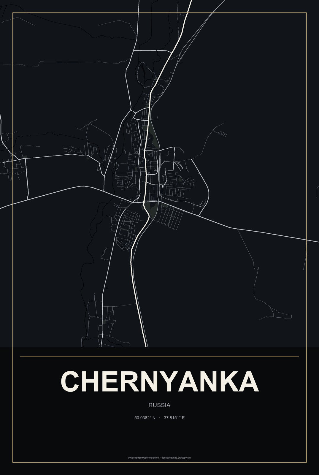 Chernyanka, Russia City Map Aluminum Sign in Metropolitan Noir style