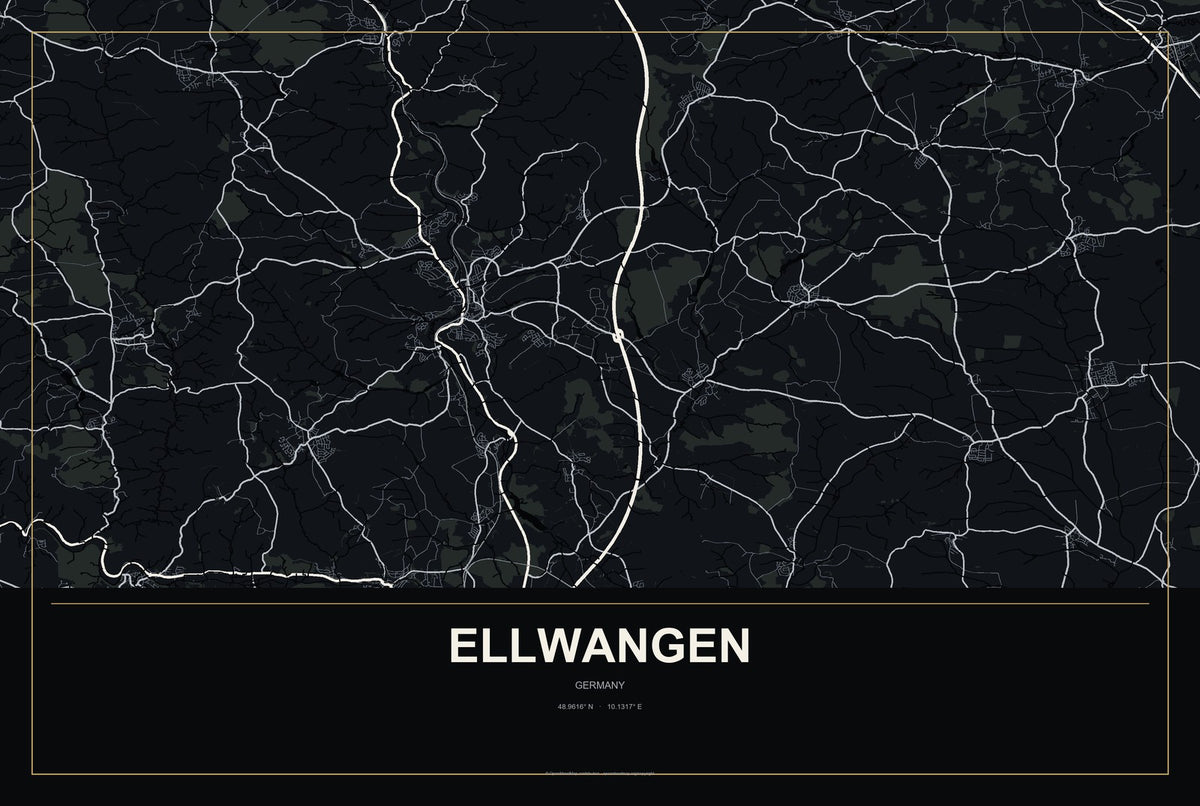Ellwangen, Germany City Map Aluminum Sign in Metropolitan Noir style