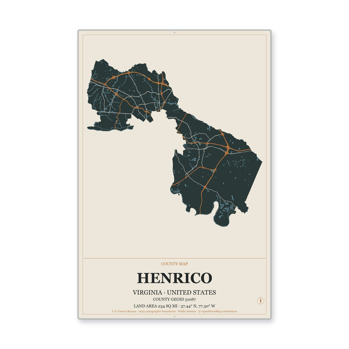 Henrico County, Virginia Map Aluminum Sign in Headline Atlas style