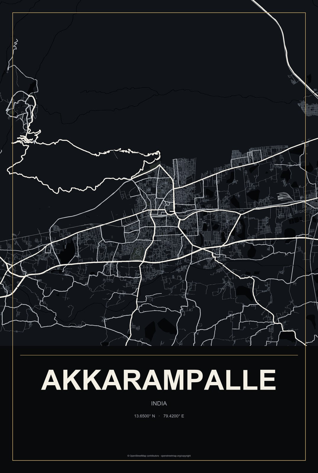 Akkarampalle, India City Map Aluminum Sign in Metropolitan Noir style