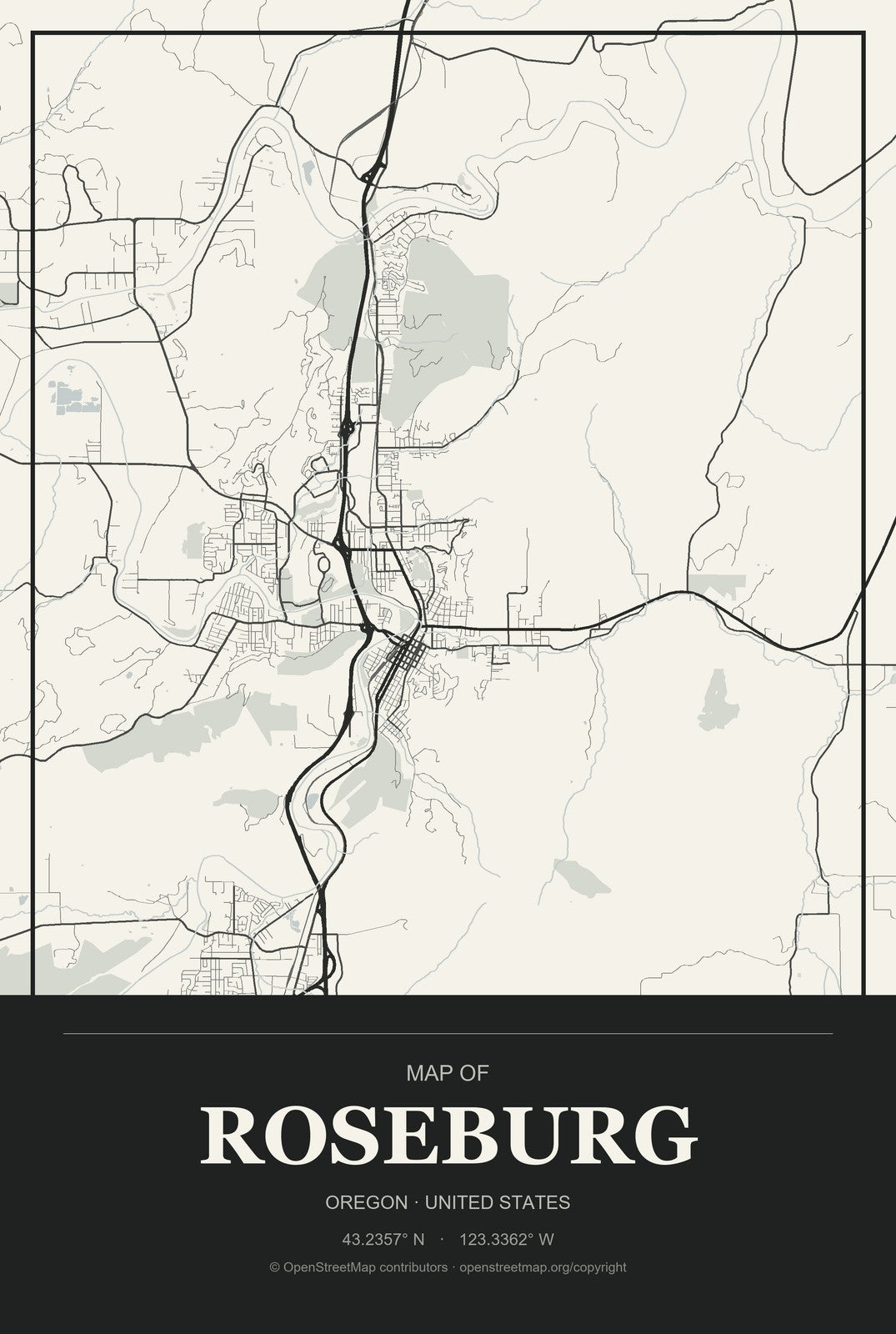 Roseburg, Oregon City Map Aluminum Sign in Museum Plaque style