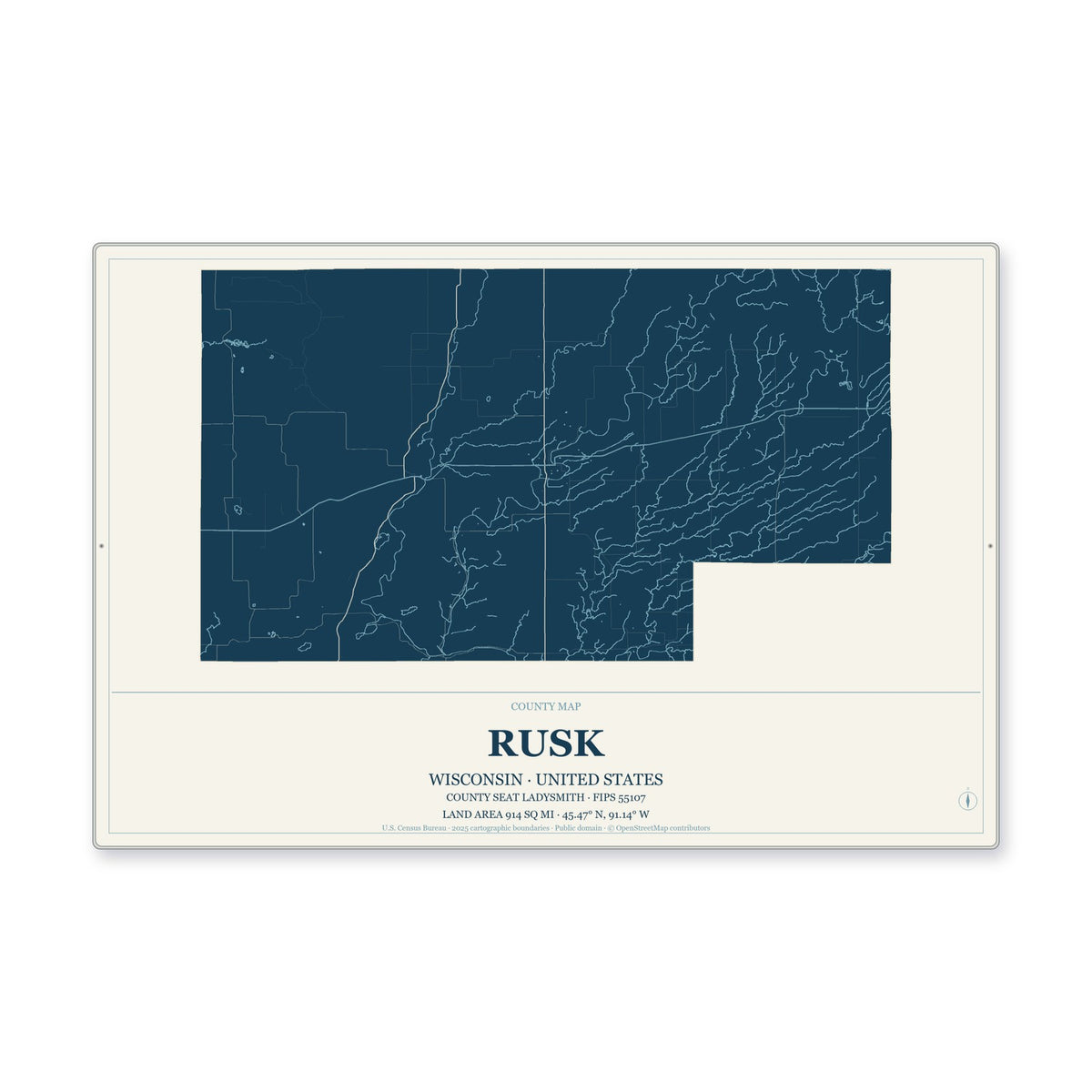 Rusk County, Wisconsin Map Aluminum Sign in Coastal Cutout style