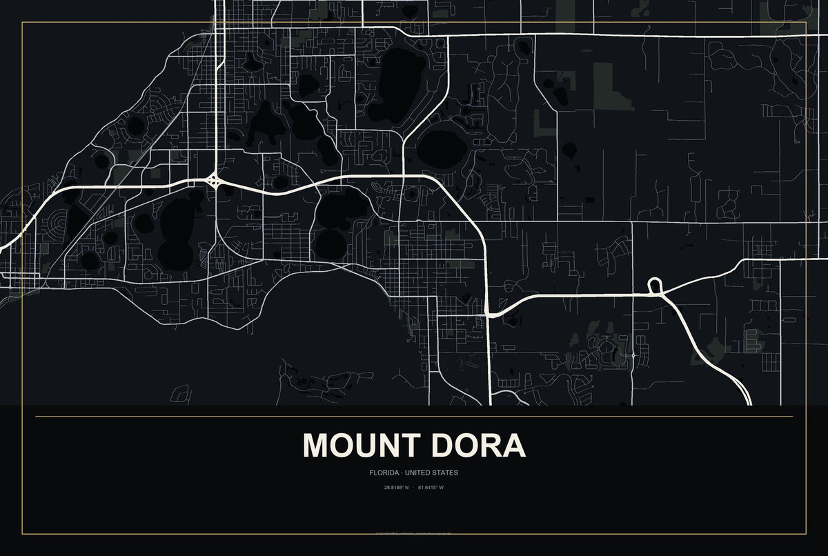 Mount Dora, Florida City Map Aluminum Sign in Metropolitan Noir style
