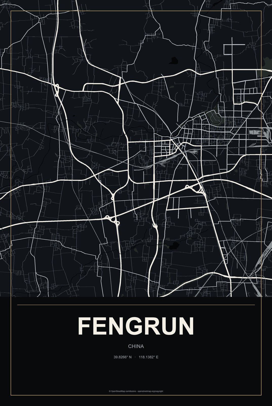 Fengrun, China City Map Aluminum Sign in Metropolitan Noir style