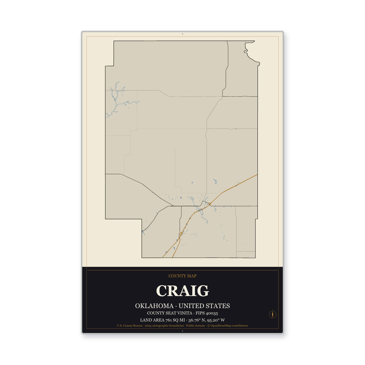 Craig County, Oklahoma Map Aluminum Sign in Museum Plaque style