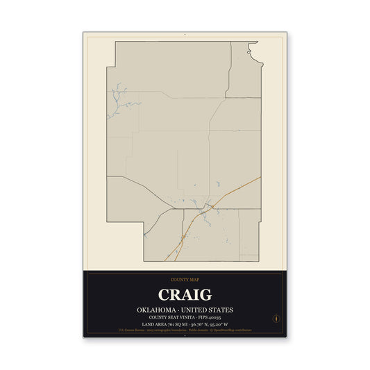 Craig County, Oklahoma Map Aluminum Sign in Museum Plaque style