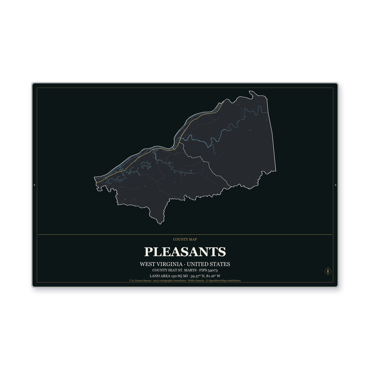 Pleasants County, West Virginia Map Aluminum Sign in Metropolitan Noir style