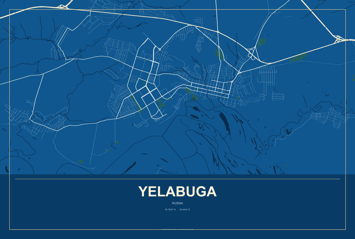 Yelabuga, Russia City Map Aluminum Sign in Harbor Cobalt style