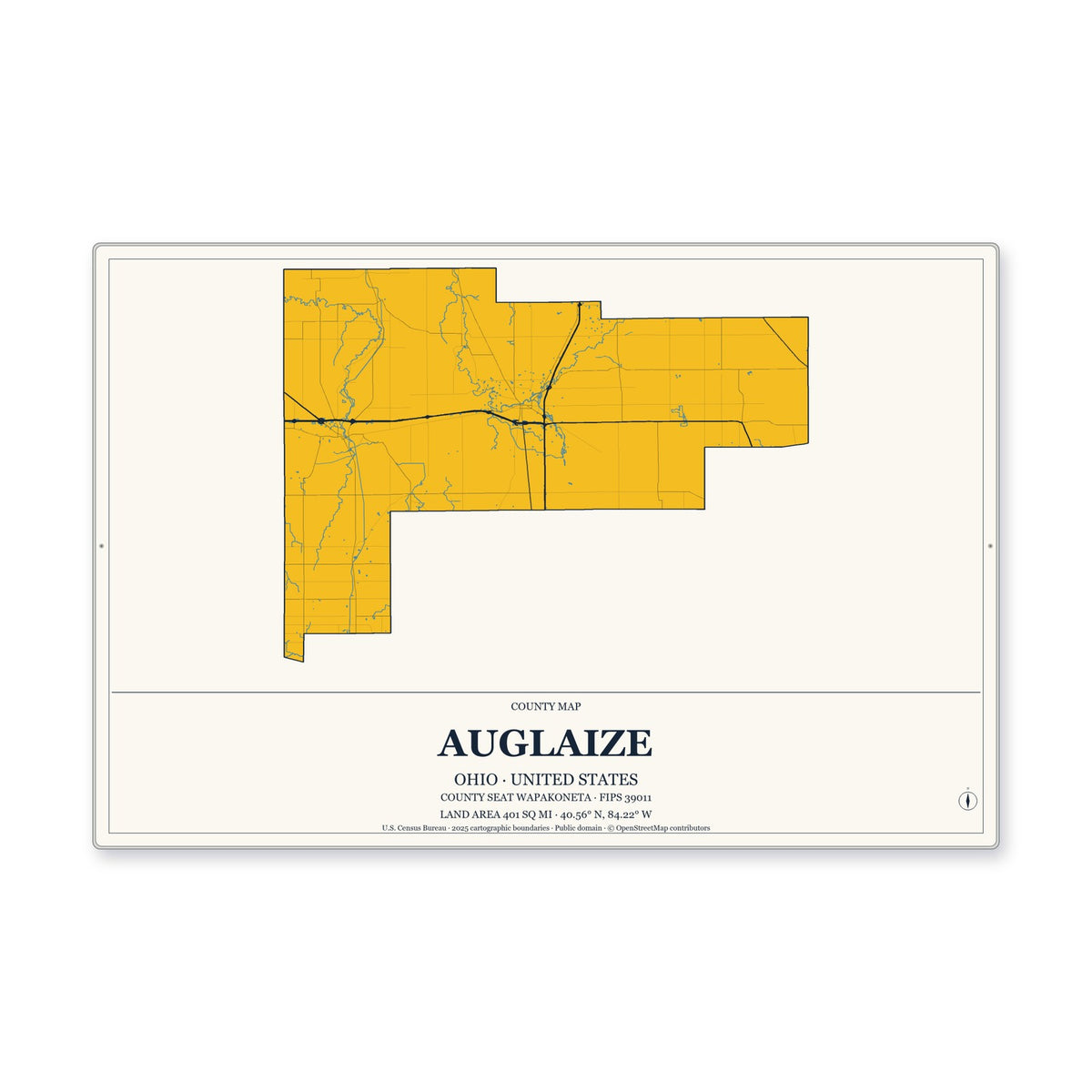 Auglaize County, Ohio Map Aluminum Sign in Citrine Modern style
