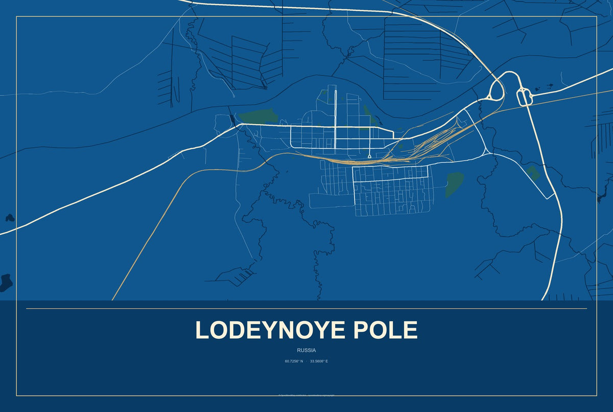 Lodeynoye Pole, Russia City Map Aluminum Sign in Harbor Cobalt style
